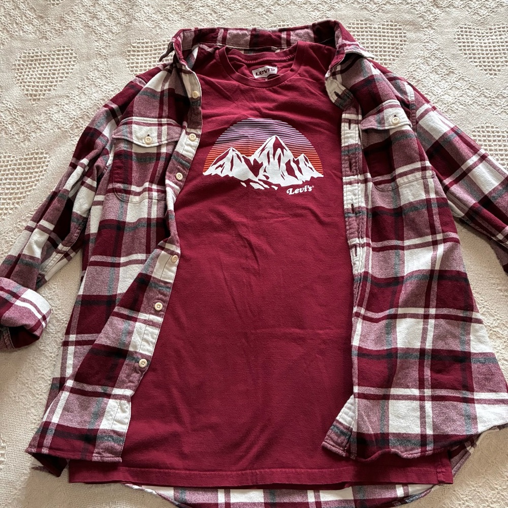 American Eagle Plaid Flannel Shirt & Graphic Tee Combo Set Grunge Burgundy Sz XL